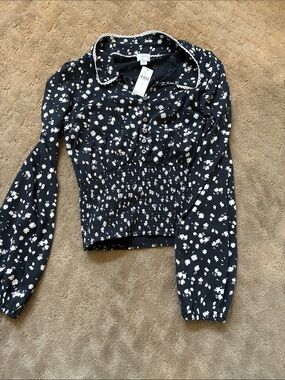 Mauve Black Floral Smocked-Hem Button Blouse